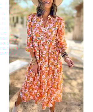 Mehrfarbiges Blumenmuster im Boho-Stil Kragenausschnitt Lange Ärmel Hoch tailliertes Design V-Ausschnitt Feminin und elegant Material: 100 % Polyester