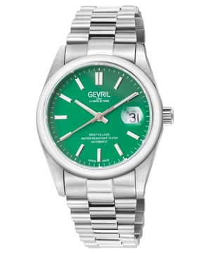 Gevril 48934B Reloj automático suizo para hombres de West Village 
Gevril Reloj automático suizo para hombres de la colección West Village 
Caja de acero inoxidable satinado y pulido de 40 mm, aro superior pulido curvo, esfera rayo de sol verde oscuro 
Fecha a las 3.00 - Parte trasera de la caja de exhibición 
Corona roscada con logotipo de Gevril, manecillas luminosas 
Brazalete de acero inoxidable satinado y pulido de 316L con cierre desplegable 
Cristal de zafiro antirreflectante 
Resistente al agua hasta 100 metros / 10ATM 
Movimiento automático suizo Sellita SW200