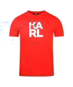 Camiseta roja con logo en bloque de Karl Lagerfeld. Camiseta roja con logo en bloque de Karl Lagerfeld Beachwear. Logotipo de la marca en el pecho. 100% algodón. Ajuste regular, se ajusta a la talla real. Código de producto - KL22MTS01