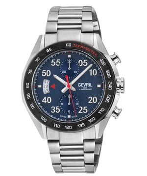 Gevril 48311B Men's Ascari Chronograph Swiss Automatic Watch

Gevril Men's Swiss Automatic Watch from the Ascari Chronograph Collection
43mm 316L Stainless Steel Satin and Polished Case with Forged Carbon Black Bezel, Blue Pattern Dial
Arabian Raised Numerals, Luminous hands
Chronograph, Tachymeter, Exhibition case back
Screw down Crown with Gevril Logo
316L Stainless Steel Satin and Polished bracelet With Deployment Buckle
Anti-reflective Sapphire Crystal
Water Resistant to 100 Meters/10ATM
Swiss Automatic, SW500 Movement