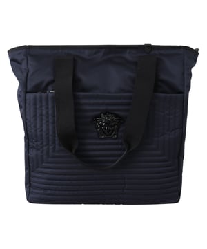 Gorgeous brand new with tags and dustbag
  100% Authentic Versace Nylon Tote Bag
  Model: Nylon Tote Bag
  Color: Blue
  Material: 100% Nylon
  Details: Leather and logo details front zip pocket zip closure
  Measurement L*H*W: 35cm*38cm*14cm
Material: 100% Nylon