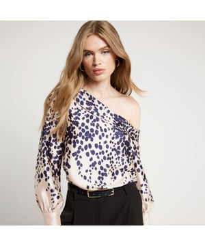One shoulder design, Satin fabric, Spot print, Asymmetric neckline, Long sleeves