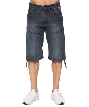 Enzo Mens Designer Knee Length Denim Shorts en piedra, 2 bolsillos delanteros, 2 bolsillos traseros, cierre de botón mosca, 65% algodón, 35% poliéster, lavable a máquina, ideal para ocasiones casuales.