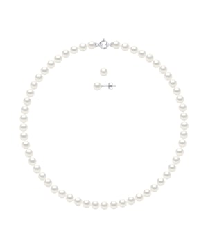 Set Necklace + Earrings of true Cultured Freshwater Pearls 7-8 mm - 0,31 in - Natural White Color Length 42 cm , 16,5 in ring clasp White Gold 375 7-8 mm - 0,31 in Push System White Gold 375 - Our jewellery is made in France and will be delivered in a gift box accompanied by a Certificate of Authenticity and International Warranty