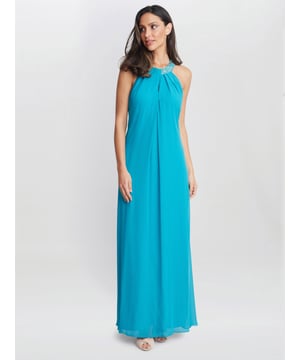 WOW in this elegant Greecian inspired halterneck dress. The neck features pretty beading and a delicate foldover effect. This dress has a center back zip.