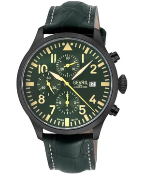Gevril 47104 Men's Vaughn Chronograph Swiss Automatic Watch
Gevril Men's Swiss Automatic Chronograph Watch from the Vaughn Collection
44 mm Round 3SS/IPBLK Case, Green Dial, Chronograph with 3 sub-dials 1/8-seconds counter, 30-minutes counter, 12-hours counter
Case back 4 screws, Push/Pull crown, Polished Bezel, Satin Case
Limited Edition 001/500
Genuine Olive Italian Handmade Strap with Tang Buckle
Anti-reflective Sapphire Crystal
Water Resistant to 50 Meters/5ATM
Swiss Automatic Chronograph Movement ETA7750