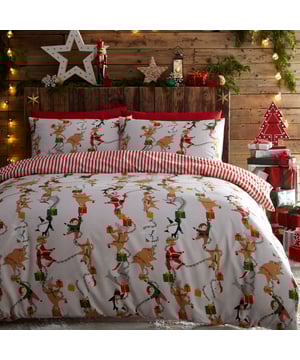 Join the Christmas party with Santa, Rudolf, and their other friends while they are dancing and making presents. This duvet and pillow case set is sure get you in the festive spirit. Completing this joyful bedding with a colourful Christmas light reverse.