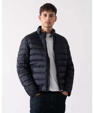 Mens Belstaff Circuit Jacket in dark ink.- Stand collar with adjustable throat latch.- Centre front zip closure.- Elasticated inner cuffs.- Rib at hem with racked stitch detailing.- Belstaff phoenix patch on left sleeve.- Two multi-stitch side pockets and one inside pocket with press-stud closures.- High-density  water-repellent nylon fabric.- High warmth to weight ratio.- Lightweight and compressible.- 750 fill power down.- 100% RDS certified down and feather.- Shell: 100% polyamide  Lining: 100% polyamide.  Filling: 90% white duck down  10% white duck feather.  Rib: 90% cotton  8% polyester  2% elastane.  Machine washable.- Ref: 105293DKINK