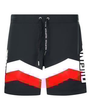 Philipp Plein Diag Logo Long Black Swim Shorts. Take to the beach this summer in Philipp Plein's Black Swim Shorts! These stylish shorts, featuring the signature Philipp Plein logo, are sure to make a statement wherever you go. Offering maximum comfort and a flattering fit, you'll look and feel great as you take a splash in style!. Elasticated Waistband, Philipp Plein Black Swim Shorts. Branded Drawstring Fasten. Medium Boardshort Style, 100% Polyester. Product Code - CUPP06M01 99
