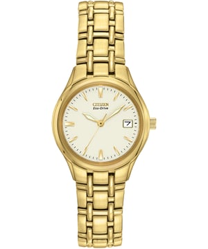 Diese Citizen  Analog Uhr für  Damen ist das perfekte Accessoire zum tragen oder verschenken. Ihr Gold 25 mm Rund Gehäuse kombiniert mit dem bequemen Gold Armband aus  Edelstahl garantiert, dass Sie diese atemberaubende Uhr kompromisslos genießen werden. Angetrieben von einem hochwertigen Eco-Drive Uhrwerk und wasserdicht bis 3 bars, läuft Ihre Uhr stets weiter. Diese Uhr verfügt über eine Eco-Drive-Technologie (wird von jeder Lichtquelle aufgeladen; benötigt keine Batterie) - Diese Uhr verfügt über eine Kalenderfunktion: Datum, Solar Diese hochwertige Uhr hat ein Gold Edelstahl Band ( 19 cm Länge und 12 mm Breite) mit einer Faltschließe mit Druckverschluss Gehäusedurchmesser: 25 mm, Gehäuse Höhe: 7 mm, Gehäusefarbe: Gold und Zifferblattfarbe: Champagne