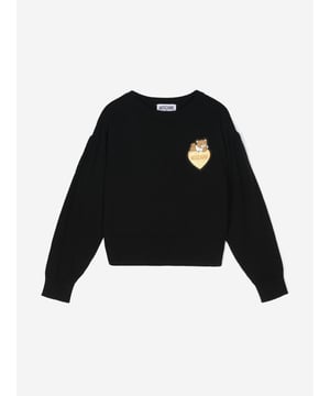 Moschino incorporate unique energy and a wistful elegance into their Italian designs. This girls black jumper captures the label's passion for sleek, contemporary fits. Crafted in cotton jersey with a high ribbed waist trim and wrists, showcasing the signature teddy bear motif as a heart badge. ‚ 50% Cotton, 50% Wool