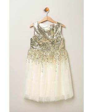 Step into magic with this sequin waterfall dress from Luna Moon by Miss, featuring a stunning large bow at the back. Watch her dazzle in this mesmerizing ensemble, effortlessly transitioning from shimmering sequins to a flowing tulle skirt. Perfect for special occasions, this dress promises to charm wherever she goes. This dress is the perfect blend of sparkle and sophistication.