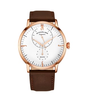 Men's Quartz Rose/Gold Toned Case, Rose/Gold Toned Bezel, White Dial, Rose/Gold Toned Hands, Rose/Gold Toned and Black Markers, Brown Genuine Leather Strap Watch