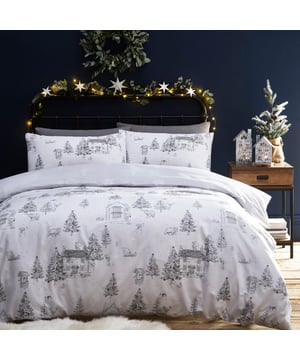 Take a trip to a winter wonderland with the picturesque cottages in a charming forest with woodland animals frolicking in the snow on this duvet set. The neutral tones will add elegance to your festive décor, this features a subtle snowy tree reverse design. Includes 2 x pillowcases measuring 50 x 75cm.