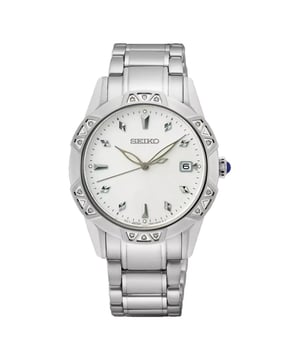 This Seiko  Analogue Watch for Women is the perfect timepiece to wear or to gift. It's Silver 33 mm Round case combined with the comfortable Silver Stainless steel watch band will ensure you enjoy this stunning timepiece without any compromise. Operated by a high quality Quartz movement and water resistant to 10 bars, your watch will keep ticking. Elegant, simple and classic watch, suitable for the everyday life. This Analogue watch has a calendar function: Date and Luminous Hands High quality 19 cm length and 16 mm width Silver Stainless steel strap with a Fold over with push button clasp Case diameter: 33 mm,case thickness: 7 mm, case colour: Silver and dial colour: Mother of pearl