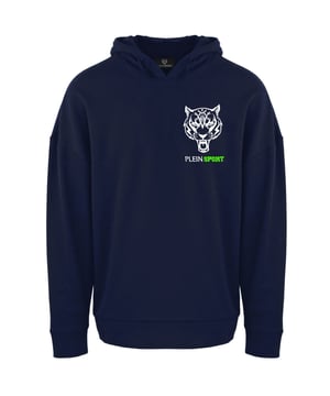 Rev up your athletic style with the Plein Sport Patch Logo Navy Blue Jumper. This sleek hoodie adds instant street cred to your workout look. Stay warm and comfortable while making a statement with the iconic Plein logo. Upgrade your wardrobe and elevate your workouts with this must-have piece! 52% Cotton, 48% Polyester, Sports wear Large Plein Branding On Back, Leather Logo On Hood Slim Fit Style Code: FIPSC1317 85