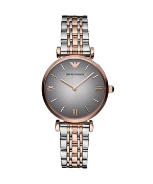 AR1725 Ladies's Emporio Armani classic two-tone designer watch. This watch is complete with a quartz movement and it fastens with a two-tone polished stainless steel and rose-gold bracelet and a grey dial with rose gold slim line hour markers and matching insert hands. EAN 4053858003552