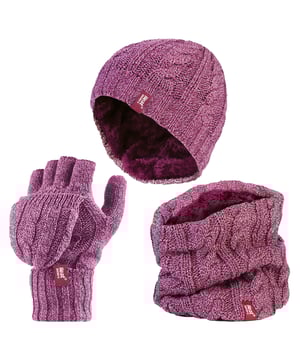 Dieses klobige Zopfset für Damen ist aus einem attraktiven, weichen, zweifarbigen Mergelgarn mit einem gerippten Saum gestrickt und enthält das neueste Heatweaver-Thermofutter, ein luxuriöses, plüschiges, pelzähnliches Isoliermaterial, das die Menge an warmer Luft maximiert, die nahe an der Haut gehalten wird. Außerdem fühlt es sich so weich und seidig an, dass es eine wahre Freude ist, sie anzuziehen, wenn das Wetter kälter wird! Schutzmanschette - Verbessert die Passform und bietet eine schützende Manschette, die das Handgelenk umschließt und für zusätzliche Wärme und Komfort sorgt. Heat Holders Converter Mitt - 2,3 Tog Heat Holders' vielseitiger Converter Mitt kann einfach über die Finger gefaltet werden, um einen warmen und kuscheligen Fäustling zu erhalten. Heat Holders Hat - 3.4 Tog rating - die Tog-Einstufung ist ein Maß für die Wärmekapazität eines Kleidungsstücks Neck Warmer - einfach über den Kopf ziehen, mit Heatweaver-Wärmefutter, 3.5 tog