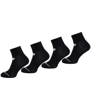 The New Balance 4-Pack Men's Black Socks are likely a practical and comfortable set of socks designed for everyday wear. Here are some features you might find in these socks:

 Black Colorway:  The socks come in a classic black color, providing a versatile and understated look.

 Pack of Four:  This set includes four pairs of socks, offering convenience and value for multiple days of wear.

 Variety of Styles:  The pack may include a variety of sock styles, such as crew socks, ankle socks, or a combination of both.

 Comfortable Material:  New Balance socks are typically made from a blend of comfortable and breathable materials, such as cotton, polyester, and spandex.

 Moisture-Wicking Technology:  New Balance often incorporates moisture-wicking technology into their socks to keep your feet dry and comfortable by drawing moisture away from the skin.

 Cushioned Sole:  Expect a cushioned sole for added comfort and impact absorption, especially in high-impact areas.

 Reinforced Heel and Toe:  To enhance durability, the socks may have reinforced heel and toe areas, which are prone to wear and tear.

 Ribbed Cuffs:  The socks likely have ribbed cuffs to ensure a secure fit that stays in place throughout the day.

 New Balance Branding:  Look for the New Balance logo or branding, which may be embroidered or printed on the socks.