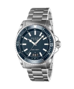 Product Specifications

Brand: Gucci
Model: YA136203
Movement: Swiss made quartz (battery)
Case Size: 45mm
Case Material: Stainless steel

Band Material: Stainless steel
Dial Colour: Blue

Glass: Sapphire crystal
Water Resistance: 200m or 20ATM
Warranty: 2 years Timepiece International warranty
FREE UK delivery

Product Descriptions
Elevate your wristwear to new heights with the Gucci Dive Stainless Steel Bracelet Blue Dial Men's XL Watch â€“ a fusion of impeccable style and Swiss precision. Immerse yourself in the world of luxury with a timepiece that effortlessly marries functionality with fashion, reflecting the timeless allure of Gucci.
Powered by a Swiss-made quartz movement, this watch ensures unrivalled accuracy and reliability. The battery-driven mechanism seamlessly integrates with the renowned Swiss craftsmanship, providing a timepiece that not only keeps precise time but also reflects the commitment to excellence synonymous with Gucci.
The 45mm case, crafted from durable stainless steel, presents a sleek and modern design that exudes sophistication. The meticulous attention to detail in both form and function makes this watch a versatile companion for any occasion, embodying the essence of contemporary luxury.
The stainless steel bracelet not only complements the case seamlessly but also adds a touch of refinement to your wrist. The link bracelet design ensures a comfortable fit while enhancing the overall elegance of this Gucci timepiece.
The striking blue dial serves as a canvas for timekeeping precision and aesthetic brilliance. The simplicity of the design, coupled with the signature Gucci detailing, makes for a dial that is both bold and timeless, embodying the brand's distinctive style.
Protected by scratch-resistant sapphire crystal, the dial remains clear and pristine, offering enduring clarity and protection against daily wear. This premium crystal ensures that your watch maintains its impeccable appearance over time.
With a remarkable water resistance of 200 meters or 20ATM, the Gucci Dive watch is not just a style statement but a reliable companion for underwater adventures. From diving to water sports, this timepiece is designed to withstand the rigors of aquatic activities.