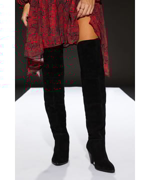 Luxurious suede over-the-knee boots
        Sleek pointed toe design
        Striking conical heel between 7 and 9cm
        Versatile day-to-night style
        Smooth, form-fitting silhouette
    
    Step into sophistication with these stunning over-the-knee boots from RUNWAY 1.8.1.8. The sumptuous suede texture and sleek silhouette create a look that's both elegant and edgy. Perfect for transitioning from day to night, these boots offer versatility in spades. Pair them with a flowing maxi dress for a romantic evening ensemble, or style with skinny jeans and an oversized jumper for a chic daytime look. The conical heel adds just the right amount of height without sacrificing comfort, making these boots ideal for long days at the office or nights out on the town. Whether you're dressing up or down, these boots will add a touch of glamour to any outfit, ensuring you stand out from the crowd with effortless style.
