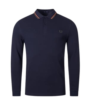 Polo Fred Perry negro, estampado en el cuello, cierre de botones en el cuello. 100% Algodón, Manga Larga, Polo Negro