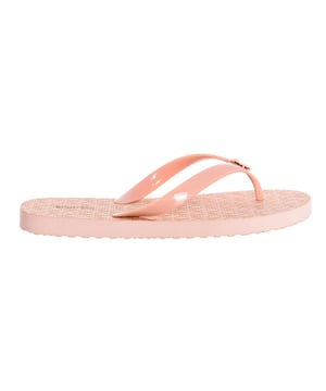 Michael Kors teenslippers.
 Open en ronde teen.
 Rubberen zool met opeenvolgende merkopdruk.
 PVC-strips met merklogo.
 Samenstelling: 100% PVC
 Onderhoud:
Reinigen met een vochtige doek.