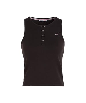 Tommy Jeans Essential Ripp-Top für Frauen Schwarz Baumwolle. Authentisches Kleidungsstück der Marke Tommy Jeans - Design im Streetwear/Sportswear-Stil von Tommy Jeans - Tommy Jeans für Frauen, modisch und perfekt für den Alltag - Schwarzes Tommy Jeans Top lässt sich hervorragend mit dem Rest Ihrer Garderobe kombinieren - angenehmes Material aus Baumwolle - klassisch - Essential Ripp-Design -
