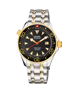 The newest addition to the Divers Collection, Hudson Yards perfectly encapsulates the culture and commerce of Manhattan’s lower west side gated community.  Whether shopping the Yards, dining or diving, the Hudson Yards collection is a winner.  In six unique styles, each timepiece makes a bold statement equally fit for 300 meters below or fine dining above. In classic black or diver blue watch face, gold or silver stainless steel, Hudson Yards is expertly crafted with Gevril’s quintessential automatic Swiss movement. Not only stylish, the collection is water resistant up to 300 meters or 1,000 feet replete with a helium release valve suitable for serious divers.   The train track style bracelet isn’t solely strong form— its function won’t break or bend. In a handsome design including luminous markers and a ceramic rotating bezel, each fortified piece is handcrafted for endurance and showmanship.  Befitting the depths of the ocean or the tables of a Michelin star, Hudson Yards hits the mark.

Gevril 48802 Men's Hudson Yards Automatic Watch

Gevril Men's Swiss Automatic watch from the Hudson Yards Collection
43mm Stainless Steel Case Black Ceramic Bezel, Black Dial, date at 3 o'clock
Unidirectional Rotating bezel, Screw down helium release valve, Luminous Markers
Exhibition Case back, Screw Down Crown
SS/IPYG Bracelet with Dive extension Deployment Buckle
Anti-reflective Sapphire Crystal
Water Resistant to 1000 Feet/30ATM
Swiss Automatic 3 Hands, Sellita SW200 Movement