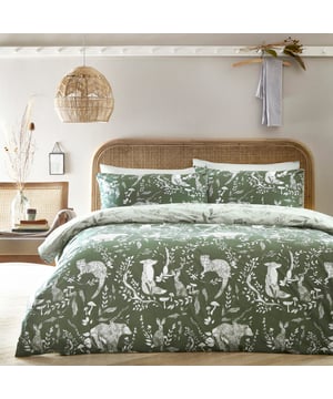 Explore our cosy and delicate take on the beauty of woodland creatures as you rest in the Buckthorn duvet cover set. Hand-drawn rabbits, foxes and bears pose among the delicate florals, which are set on an earth toned background. Flip the set over and the same design appears, but this time in inverted colours, giving you a fresh, evergreen look. An adorable and down to earth addition to your bedroom.