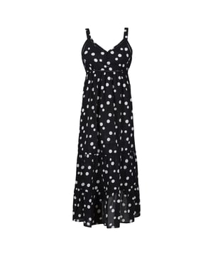 Material: 100% Cotton. Fabric: Coolweave, Soft Touch. Fit: Regular. Fabric Technology: Lightweight. Design: Polka Dot. Button Front, Cinched Waist, Shoulder Straps. Neckline: V Neck. Sleeve-Type: Sleeveless. Back Style: Square. Sustainability: Sustainable Materials.
