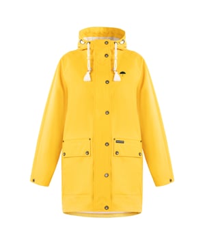Het poncho-achtige oversized regenjack van Schmuddelwedda is met zijn comfortabele pasvorm helemaal trendy. Het gecoate materiaal met gesealde naden is niet alleen waterdicht, maar ook winddicht en biedt uitstekende bescherming tegen alle weersomstandigheden. De binnenvoering is gemaakt van een zachte jersey melange, waardoor het dragen nog comfortabeler is. Een grote capuchon met trekkoord en stijlvol koord, verstelbare manchetten en de optimale lengte zorgen voor langdurige bescherming.  Mackintosh