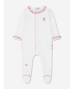 Magnolia Baby depict soft sophistication into their refined products. This baby girls pink babygrow ruffle footie design is reflective of the label's precision of beauty and intricate focus. Made in Pima cotton with ruffled trims, polka dot patterning and embroidered floral detailing. She will look and feel divine. Crew Neck  Brand Tag Polka Dot Patterning  Press Stud Fastening Long Sleeves  Ruffled Trims Pima Cotton  Embroidered Floral Detailing
