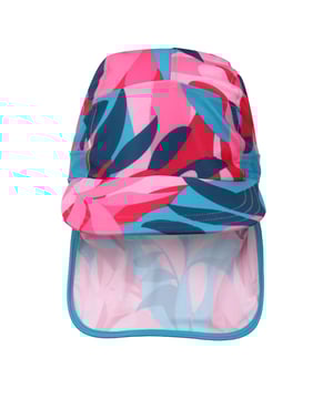 85% Polyester, 15% Elastane. Design: Contrast, Logo, Tropical Leaves. 3 Row Stitching, Ear And Neck Protection, Sunshade Neck Protector. Fabric Technology: Durable, UV Protection. Sun Rating: UPF 50+.