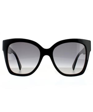 Gucci Square Womens Black Grey Gradient  Sunglasses Gucci are a feminine, oversized cat-eye style. They have a retro aesthetic and are made fully from glossy acetate. Signed off with the Gucci text logo and signature Gucci colors at the hinges.