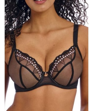 Freya Loveland Plunge Bra. With embroidered geometric design, a plunge neck and plain powernet wing. Product is recommended hand-wash only.