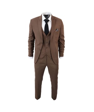 Indulge in Classic and Elegant Design with this men's 3-piece suit, featuring a timeless Brown color ideal for formal occasions. Product Design Bullet Points:  
Versatile Formal Attire: Suitable for weddings, business events, or special occasions, ensuring a sharp and well-dressed look.
 
Complete 3-Piece Set: Includes a jacket, vest, and trousers for a polished and coordinated outfit.
 
Premium Material: Crafted from high-quality materials for comfort and durability.
 
Tailored Fit: Offers a tailored fit that complements your body shape, enhancing your appearance and confidence.
 
Timeless Brown Color: Perfect for a classic and sophisticated look, suitable for various formal settings.  Â Made from a blend of 65% Polyester and 35% Viscose for a comfortable and stylish finishSizes	Jacket & Trouser Size
36R :	36" (Chest) 30" (Waist)
38R :	38" (Chest) 32" (Waist)
40R :	40" (Chest) 34" (Waist)
42R : 	42" (Chest) 36" (Waist)
44R :	44" (Chest) 38" (Waist)
46R : 	46" (Chest) 40" (Waist)
48R :	48" (Chest) 42" (Waist)
50R :	50" (Chest) 44" (Waist)
52R :	52" (Chest) 46" (Waist)
54R :	54" (Chest) 48" (Waist)
