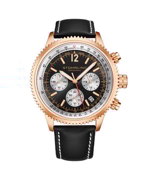 Men's Alloy Rose Tone Chrono Case on Black Leather Strap with White Contrast Stitching, Black Dial, Rose Tone Bezel, with Rose Tone Accents