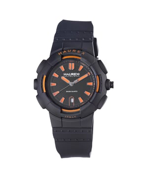 This bold black Haurex "Tremor" timepiece boasts a stylish, athletic design while maintaining its precision and practicality. Quartz movement with analog display. Protective mineral crystal dial window. Features second hand, date window at six o'clock, minute track on inner bezel. Water resistant to 165 feet (50 M): suitable for swimming and showering.