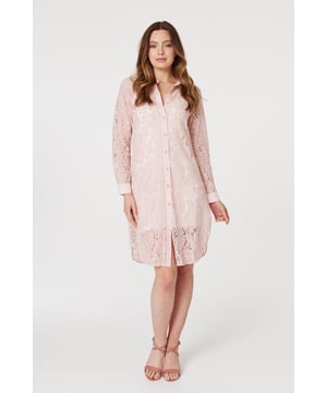 Add a twist to a traditional shirt dress with this sheer lace longline dress. Made from 100% cotton, it has a collar, V-neck, button front, long sleeves with tailored cuffs and a knee length hem. Layer over leggings and pair with your favourite heels, or leave unbuttoned for a chic warm weather alternative to a coat or cardigan.