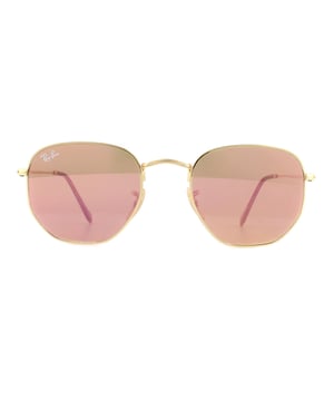Ray-Ban Sunglasses Hexagonal 3548N 001/Z2 Gold Copper Flash Mirror are a very unique hexagonal shaped frame and feature the latest flat crystal lenses for a updated version of the classic metal round sunglasses. Super thin temples and coined profile to the frame finish the modern fashionable look..