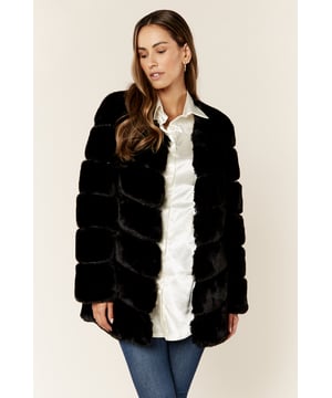Keep it glamour and sophisticated! All you need is a diagonal fur coat styled with spaghetti strap chiffon black camisole and hook/eye style fastening, black leather high-waist leggings, low heel sandals, and leather satchel bag.