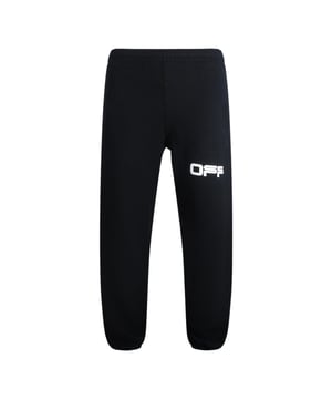 Gebroken witte zwarte joggingbroek, gebroken wit merklogo op het linkerbeen, elastische taille en manchetten, kenmerkend merkontwerp, strepen van luchthaventape op de onderbenen aan de achterkant. 100% katoen, gemaakt in Portugal, zwarte joggingbroek