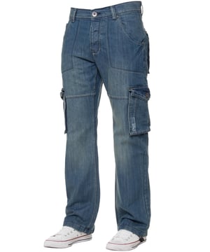 Kruze Heren Designer Cargo Combat Multi Pocket Denim Jeans. 7 zakken inclusief muntgeld, zijzakken. Achter- en zijzakken zijn beveiligd met knoopsluiting. Contrasterende stiksels, verstelbare cinch aan de achterkant. Verstelbare schakelaar aan de zomen. Ideaal voor vrijetijds- en werkkleding. Knoopsluiting. Merkknopen en klinknagels.