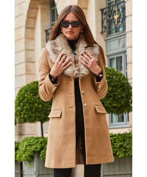 Layering up has never looked so luxe
Camel always looks chic
Plush faux fur collar to keep out the chill
Cut to nip in your waist and skim over your hips
Gold buttons for added luxury
For your work and weekend wardrobe