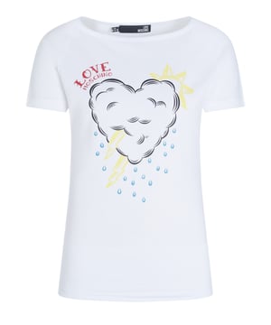 96% katoen, 4% elastaan; Ik hou van Moschino-top; Model: W4H2301E1951 A00; Hoogwaardige afwerking; Zacht katoen; Korte mouw, wijde halslijn; Ik hou van Moschino-logodetails