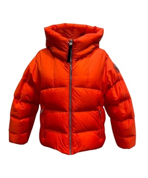 Parajumpers oranje donsjack, twee verborgen zakken met ritssluiting aan de voorkant, PJS-patch op de linkermouw, 100% polyamide donsjack, omkeerbare jas, 90% eendendons, 10% eendenveren