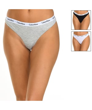 Pack-3 Calvin Klein Thongs.
 Color White-gray-black
 Elastic rubber waistband, with the brand name consecutively embroidered.
 Inner lining.
 Seam seen to tone.

 Composition: 90% Cotton, 10% Elastane

 Washing instructions:
 - Wash maximum at 40ºC.
 - Iron at medium temperature, max. 110 ° C.
 - Does not allow to use tumble dryer.
 - Do not use bleach.
 - It does not support dry cleaning.