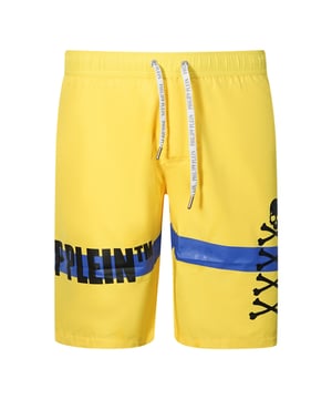 Philipp Plein TM Skull And Bones Yellow Swim Shorts. Be bold in the Philipp Plein TM Skull And Bones Yellow Swim Shorts. Crafted with an eye-catching yellow hue, make a statement this season as you lounge in style and comfort. The perfect choice for a sunny day at the beach or pool!. Elasticated Waistband, Philipp Plein TM Skull And Bones Yellow Swim Shorts. Branded Drawstring Fasten. Long Boardshort Style, 100% Polyester. Product Code - CUPP11L01 30