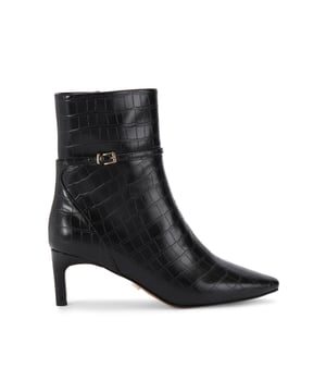 This Carvela Impress Ankle Boot features a black croc embossed upper. There is a thin ankle strap around the ankle with gold tone buckle. Heel height: 6cm.